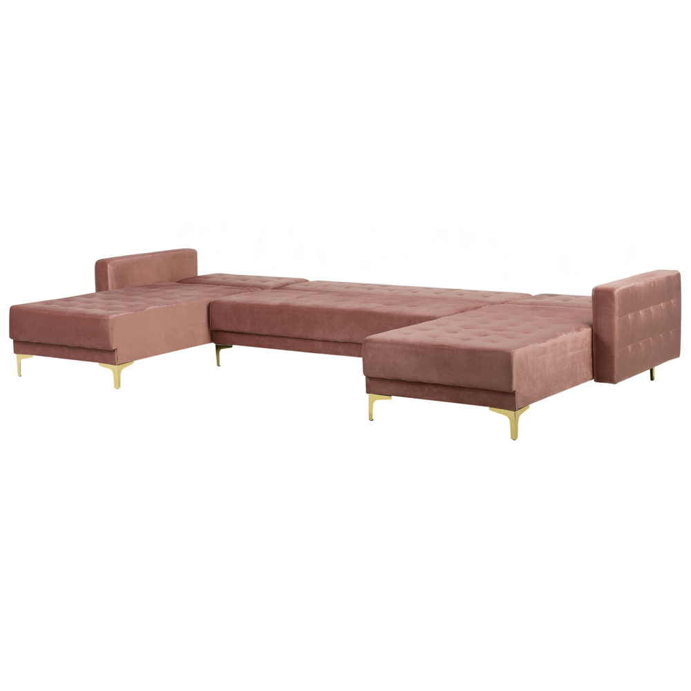 Divano letto ad angolo in tessuto trapuntato in velluto rosa moderno a forma di U componibile a 5 posti con chaise longue