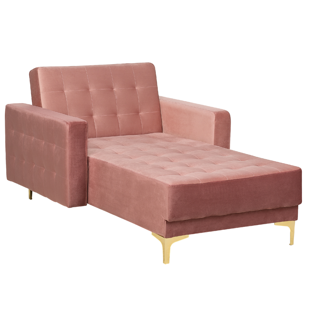 Chaise longue in tessuto trapuntato in velluto rosa Soggiorno moderno Divano reclinabile Gambe dorate Bracci a binario