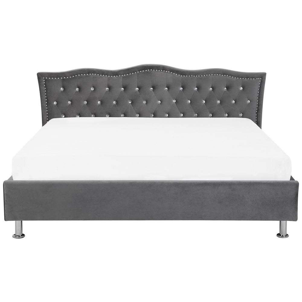 Letto 180 x 200 cm Velluto grigio scuro Cornice imbottita Bottoni in cristallo Poggiatesta
