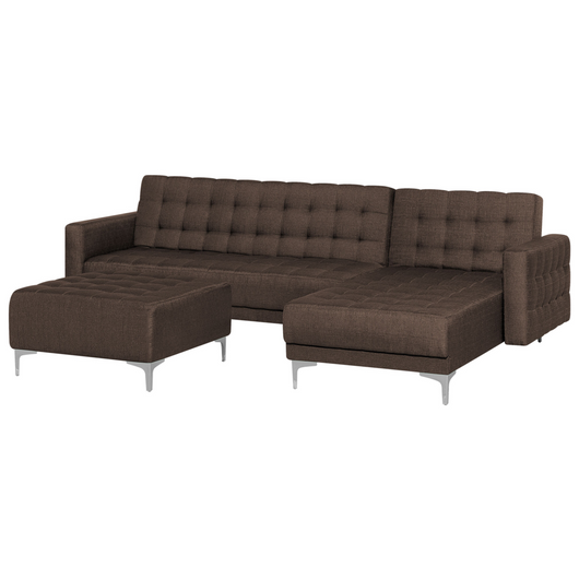 Divano letto angolare in tessuto capitonné marrone moderno a forma di L componibile a 4 posti con ottomana chaise longue versione sinistra