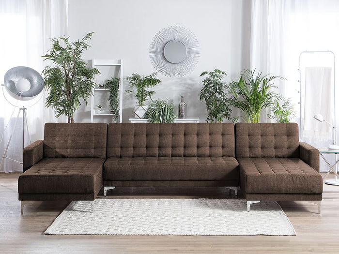 Divano letto angolare in tessuto capitonné marrone moderno a forma di U modulare a 5 posti con chaise longue