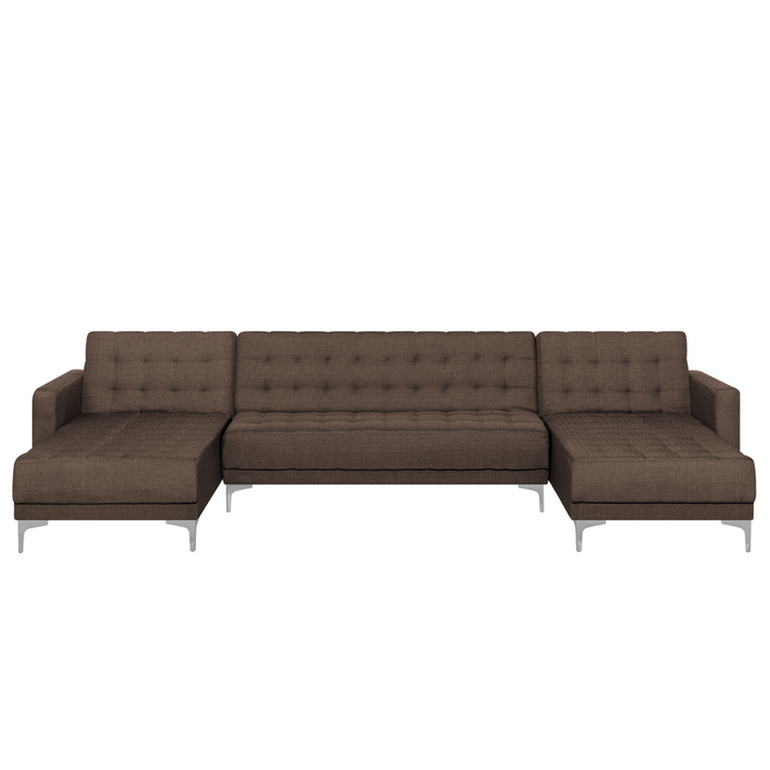 Divano letto angolare in tessuto capitonné marrone moderno a forma di U modulare a 5 posti con chaise longue