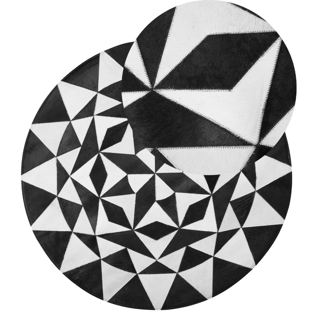Tappeto Rotondo Pelle Bovina Nera e Bianca ø 140 cm Lavorato a Mano a pelo corto Moderno