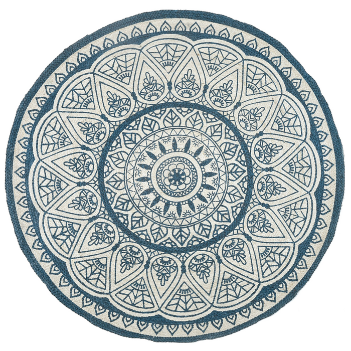 Tappeto tappetino Canapa Blu ø 120 cm Rotondo Intrecciato a Mano Oriental Boho