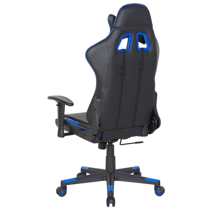 Sedia da gaming in ecopelle nera con braccioli reclinabili blu regolabili in altezza Supporto lombare Cuscino per poggiatesta Sedia da ufficio