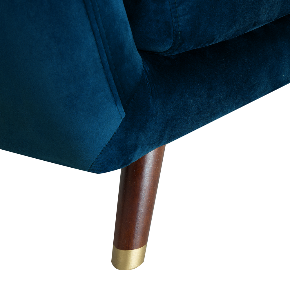 Divano in velluto blu navy a 3 posti con schienale capitonnè imbottito con gambe in legno
