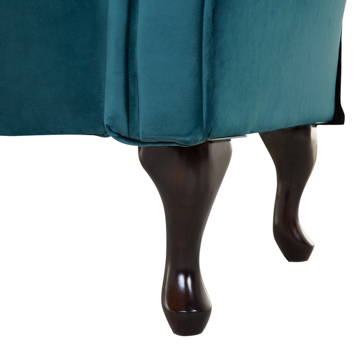 Chaise longue velluto verde acqua bottone trapuntato tappezzeria braccio arrotolato versione sinistra con cuscino