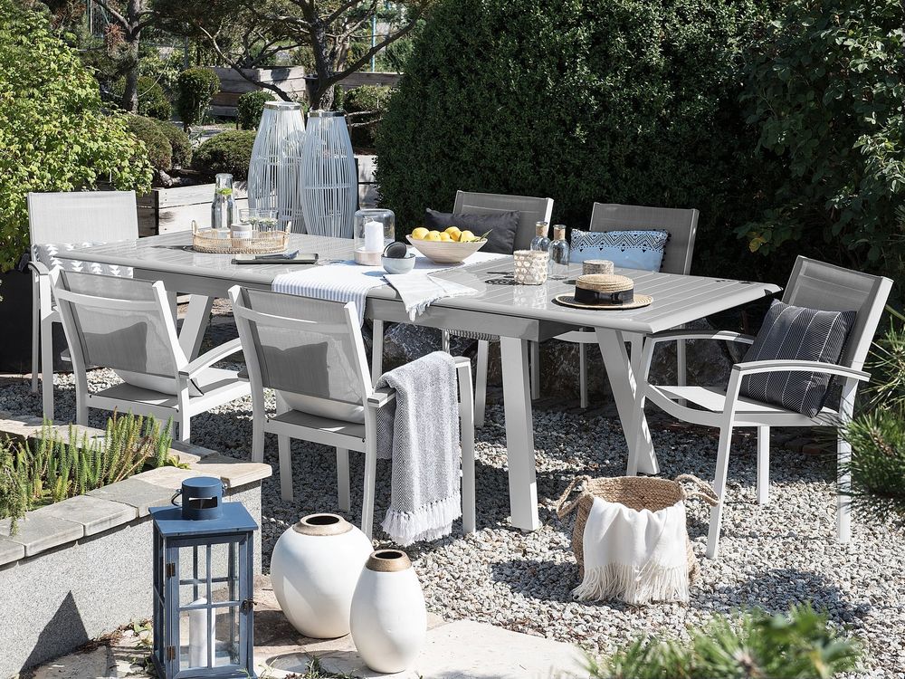 Tavolo da pranzo da giardino in alluminio grigio e bianco allungabile resistente agli agenti atmosferici
