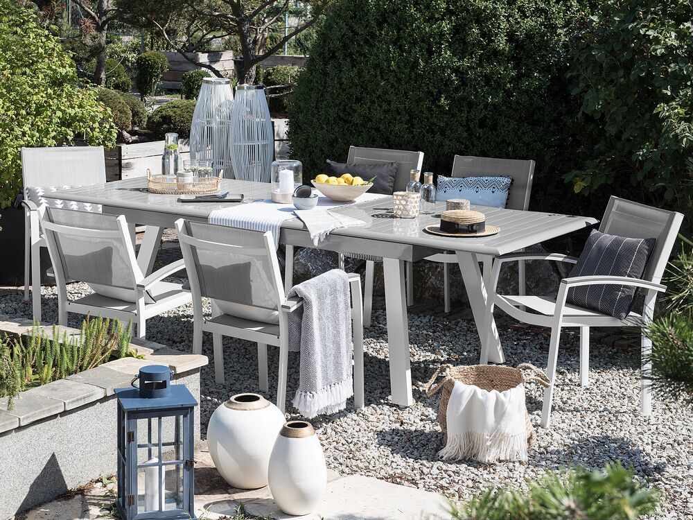 Set da pranzo da 7 pezzi bianco con tavolo grigio 6 sedie da giardino patio terrazza