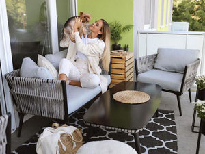 Set Conversazione Giardino Nero Rattan Sintetico Grigio Cuscini Da Esterno 4 Posti Con Tavolino