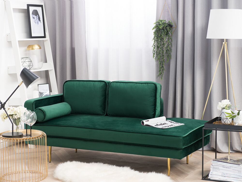 Chaise longue Velluto Verde Smeraldo Imbottito Orientamento versione sinistra Gambe In Metallo Cuscino  Design Moderno