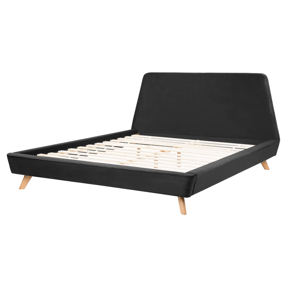 Struttura del letto in velluto Nero Gambe in legno chiaro 160 x 200 cm Retro