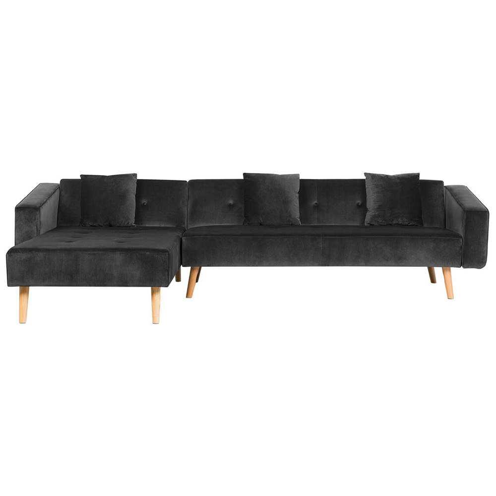 Divano letto angolare con 3 cuscini Rivestimento in velluto Nero Gambe in legno chiaro Chaise longue reclinabile versione destra a 4 posti
