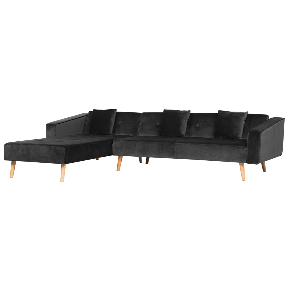 Divano letto angolare con 3 cuscini Rivestimento in velluto Nero Gambe in legno chiaro Chaise longue reclinabile versione destra a 4 posti