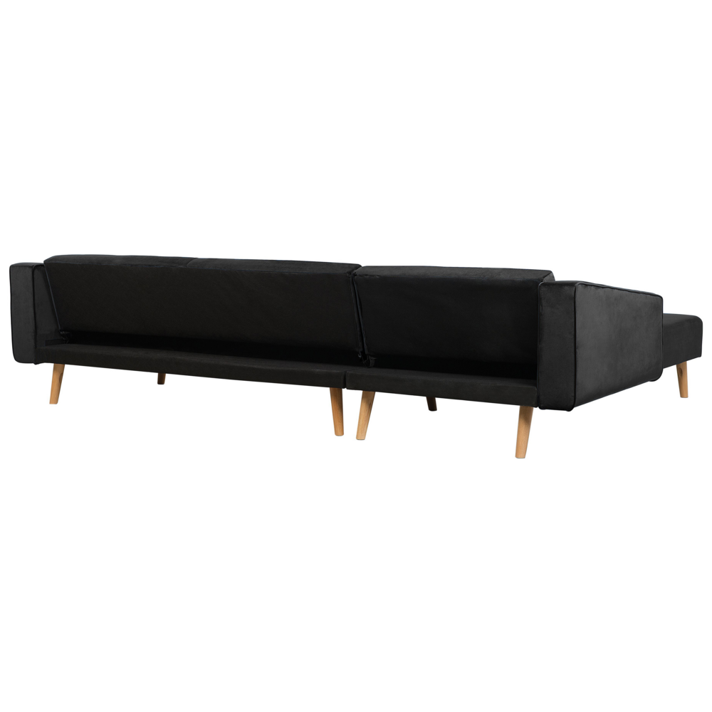 Divano letto angolare con 3 cuscini Rivestimento in velluto Nero Gambe in legno chiaro Chaise longue reclinabile versione destra a 4 posti
