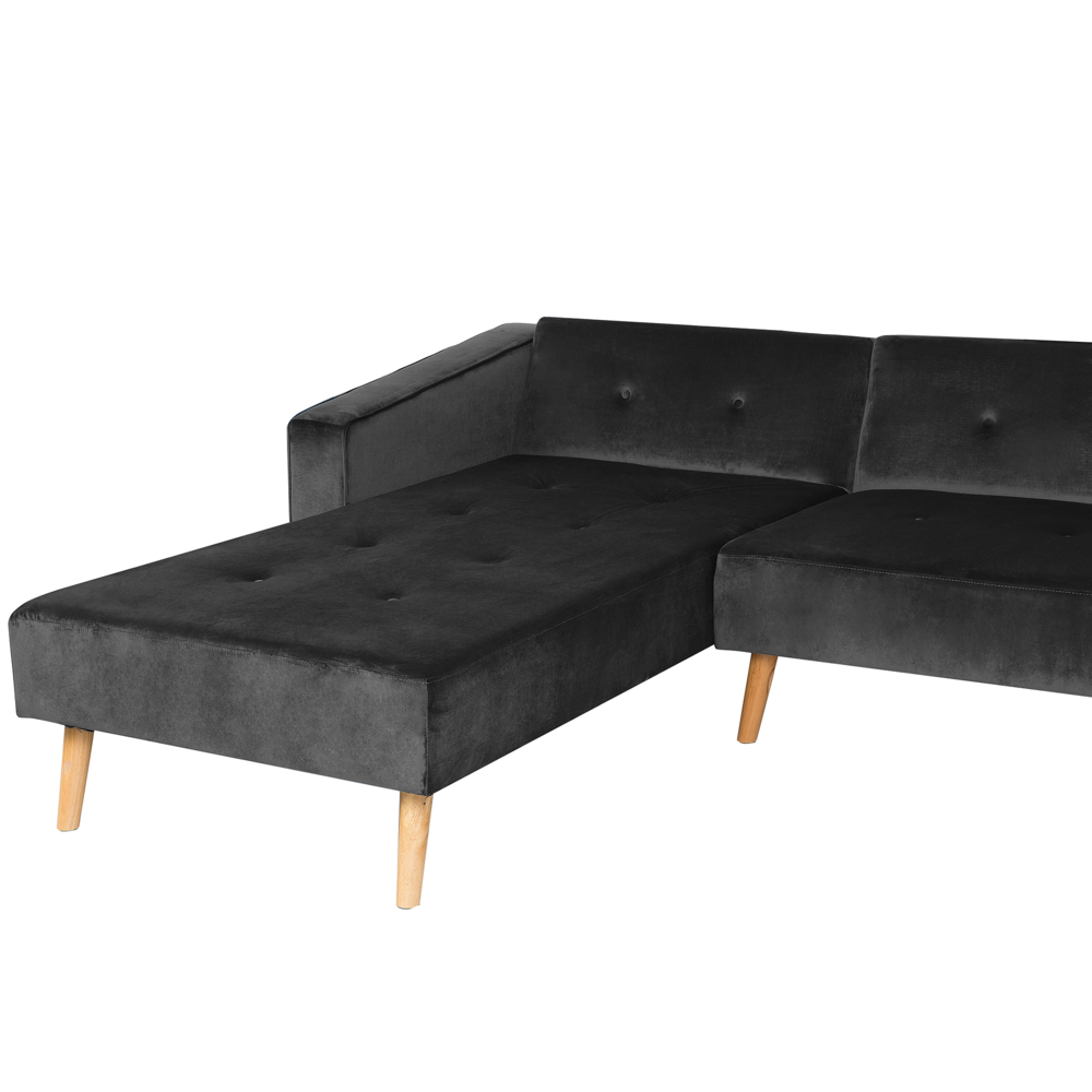 Divano letto angolare con 3 cuscini Rivestimento in velluto Nero Gambe in legno chiaro Chaise longue reclinabile versione destra a 4 posti