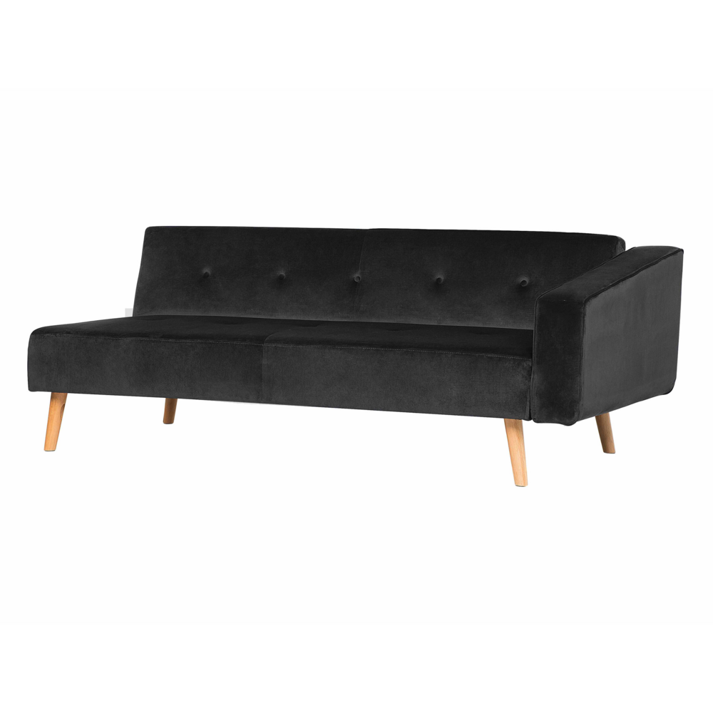 Divano letto angolare con 3 cuscini Rivestimento in velluto Nero Gambe in legno chiaro Chaise longue reclinabile versione destra a 4 posti