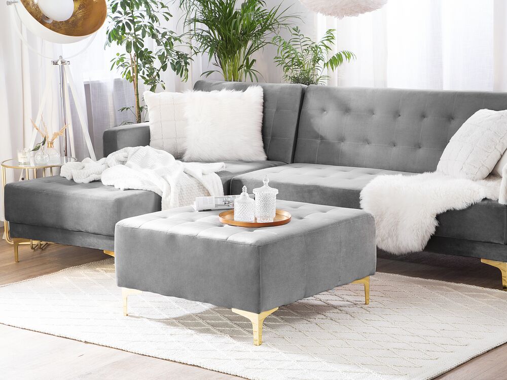 Pouf ottomana in tessuto trapuntato in velluto grigio moderno soggiorno quadrato poggiapiedi gambe dorate