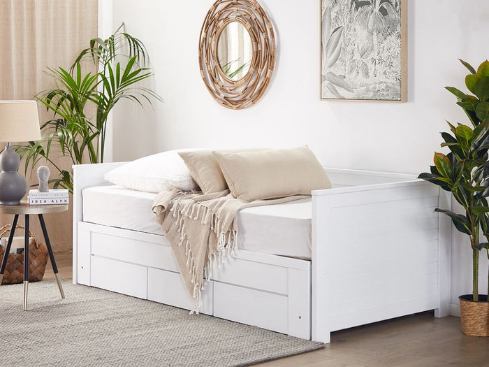 Letto Allungabile Legno MDF Bianco 3 Cassetti a Doghe 90/180 x 200 cm