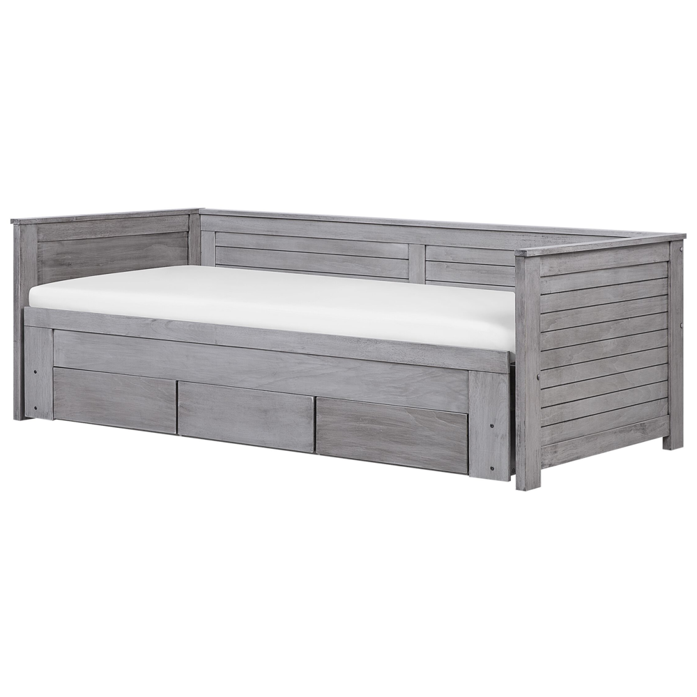 Letto Allungabile Legno MDF Grigio 3 Cassetti a Doghe 90/180 x 200 cm