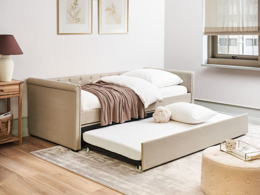 Divano Letto estraibile 90 x 200 cm Rivestimento in tessuto beige Taglia unica Sottoletto per ospiti abbottonato