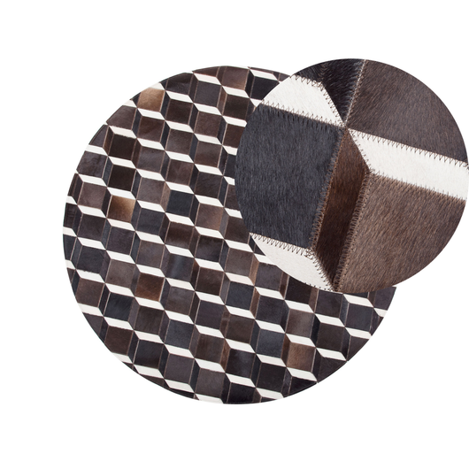 Tappeto Pelle Marrone 140 cm Moderno Patchwork Pelle Bovina Motivo 3D Tappeto Rotondo Artigianale