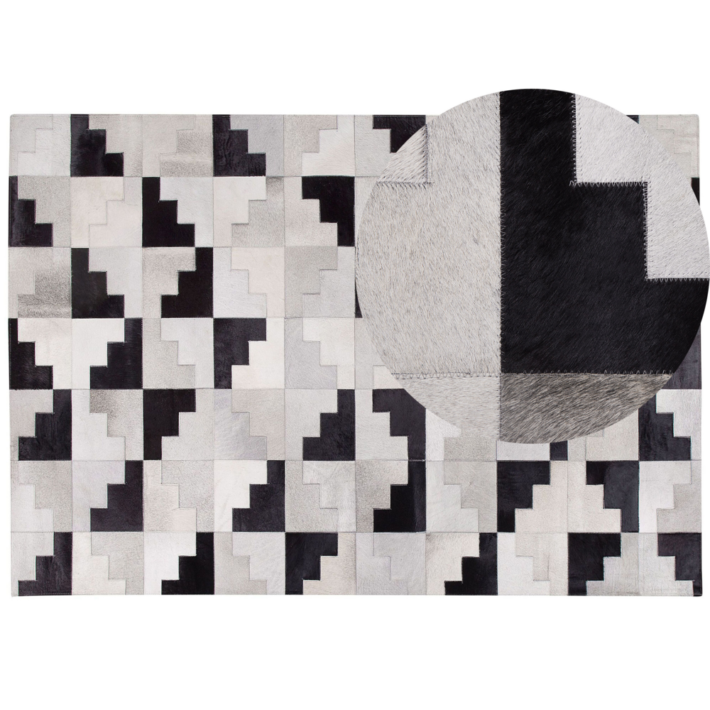 Tappeto Nero con Pelle Grigia 160 x 230 cm Tappeto Rettangolare Fatto a Mano Moderno Patchwork