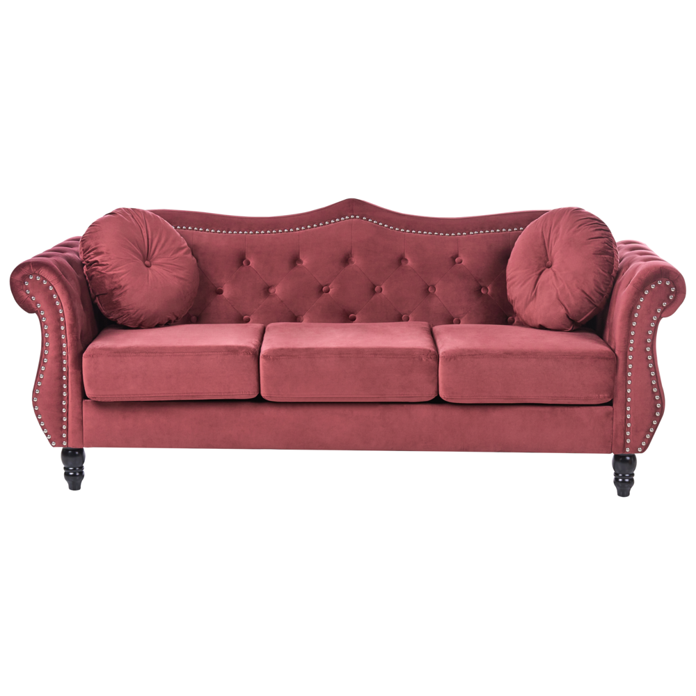Divano in velluto rosso a 3 posti con bordatura a testa di chiodo Cuscini trapuntati con braccioli arrotolati Glam