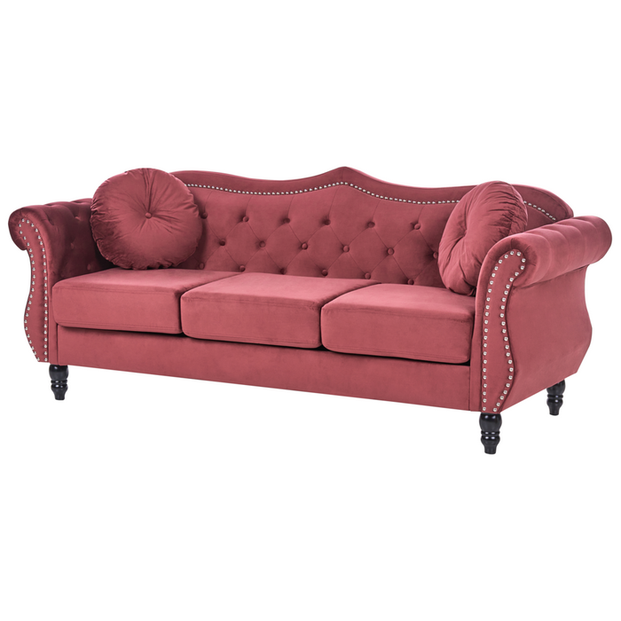 Divano in velluto rosso a 3 posti con bordatura a testa di chiodo Cuscini trapuntati con braccioli arrotolati Glam