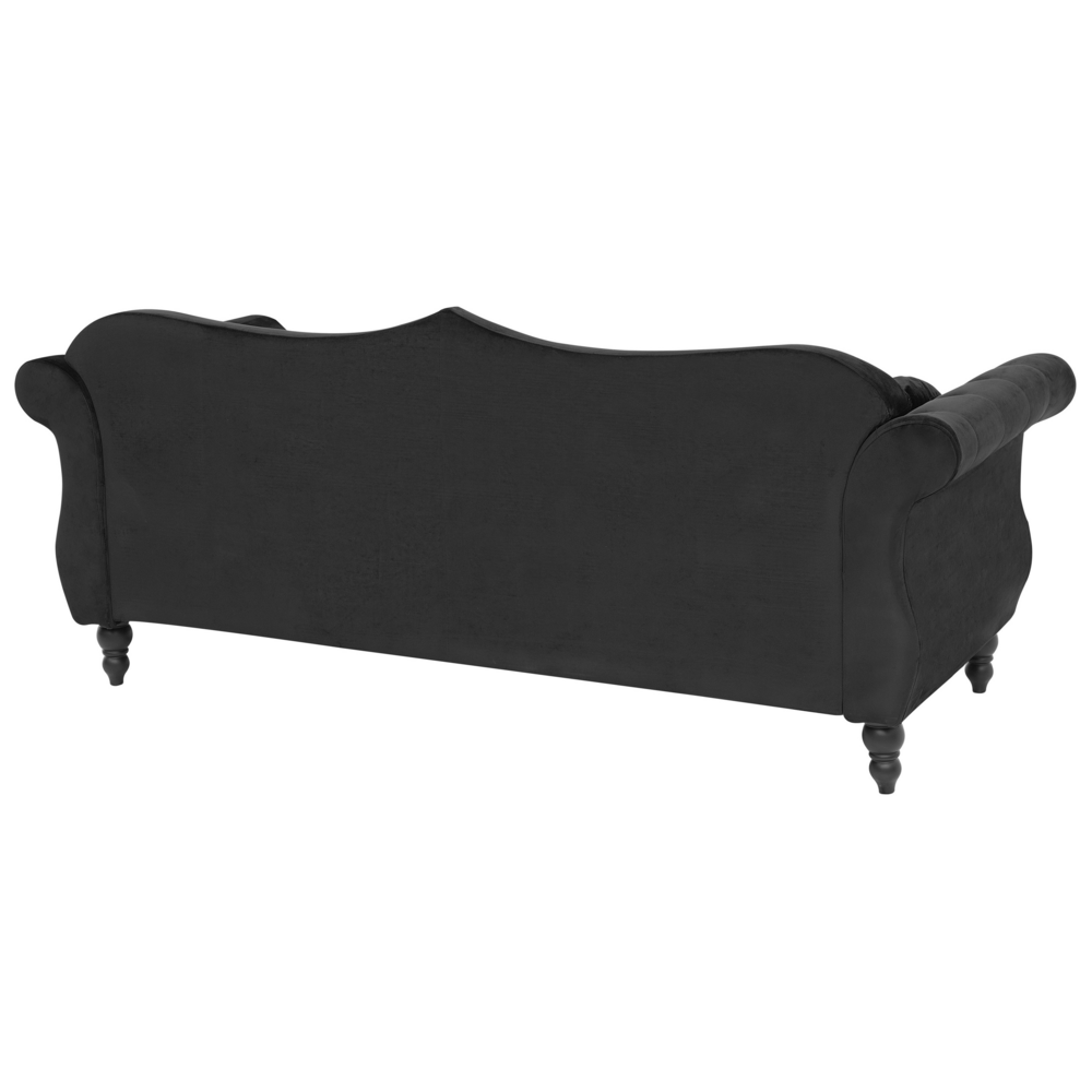 Divano in velluto Nero a 3 posti con bordatura a testa di chiodo Cuscini trapuntati con braccioli arrotolati Glam