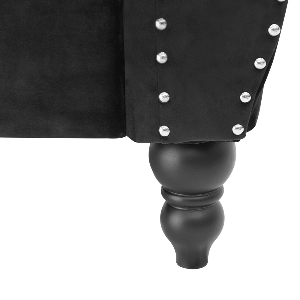 Divano in velluto Nero a 3 posti con bordatura a testa di chiodo Cuscini trapuntati con braccioli arrotolati Glam