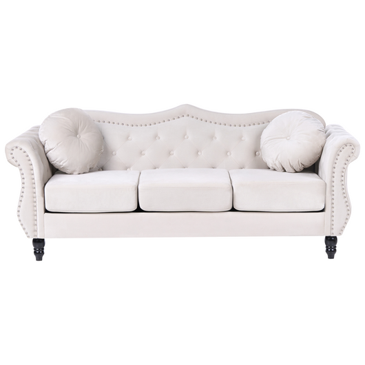 Divano in velluto beige a 3 posti con bottoni a forma di chiodo Cuscini trapuntati con braccioli arrotolati Glam