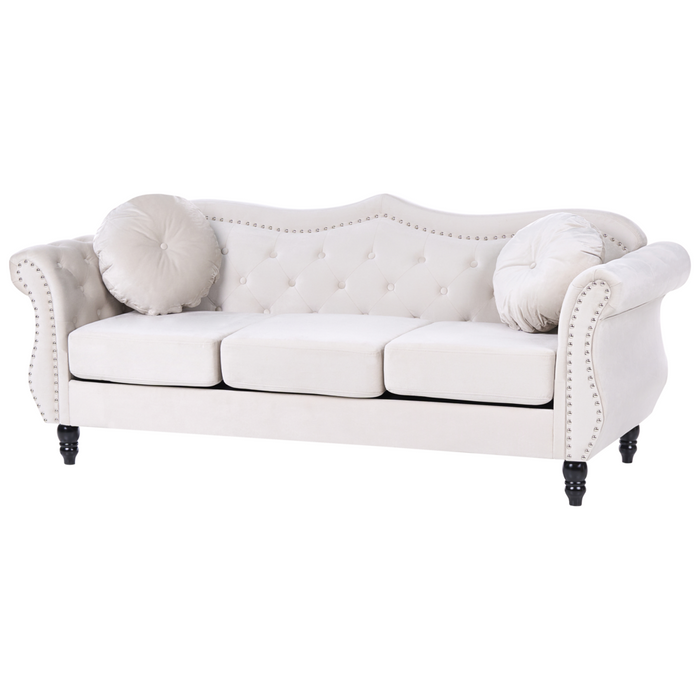 Divano in velluto beige a 3 posti con bottoni a forma di chiodo Cuscini trapuntati con braccioli arrotolati Glam