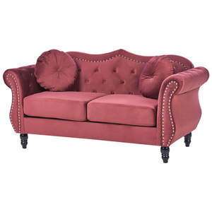 Divano in velluto rosso a 2 posti con bottoncino per finiture con bottoni Cuscini trapuntati Braccia arrotolate Glam