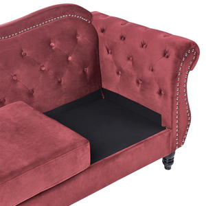 Divano in velluto rosso a 2 posti con bottoncino per finiture con bottoni Cuscini trapuntati Braccia arrotolate Glam