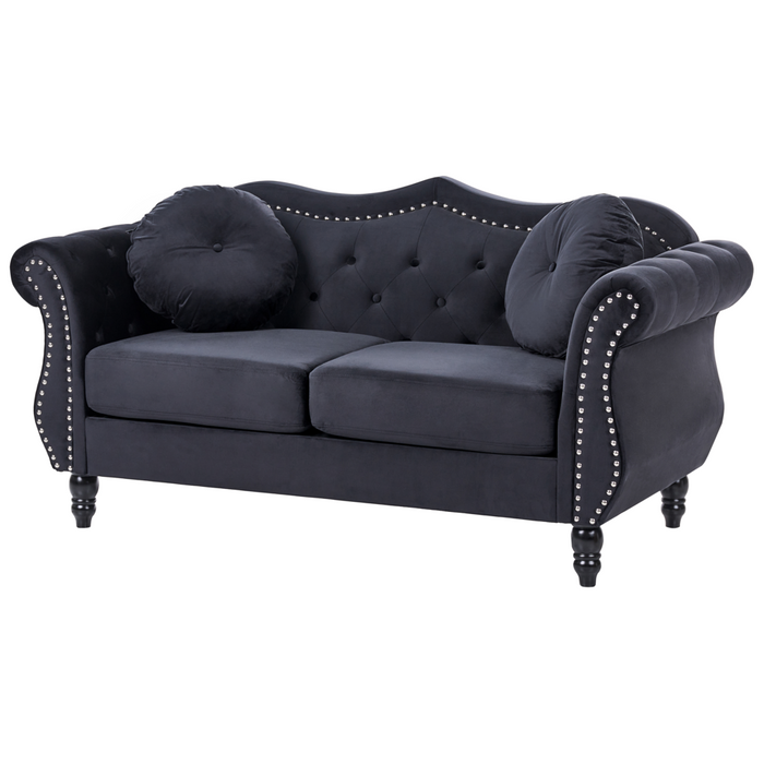 Divano in velluto Nero a 2 posti con bottoni a forma di chiodo Cuscini trapuntati con braccioli arrotolati Glam