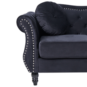 Divano in velluto Nero a 2 posti con bottoni a forma di chiodo Cuscini trapuntati con braccioli arrotolati Glam