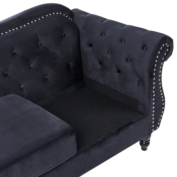 Divano in velluto Nero a 2 posti con bottoni a forma di chiodo Cuscini trapuntati con braccioli arrotolati Glam