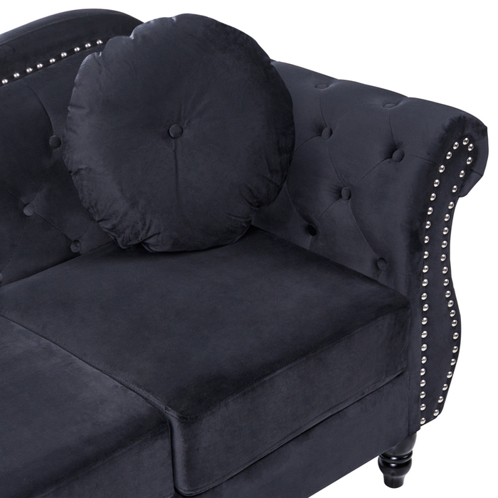 Divano in velluto Nero a 2 posti con bottoni a forma di chiodo Cuscini trapuntati con braccioli arrotolati Glam