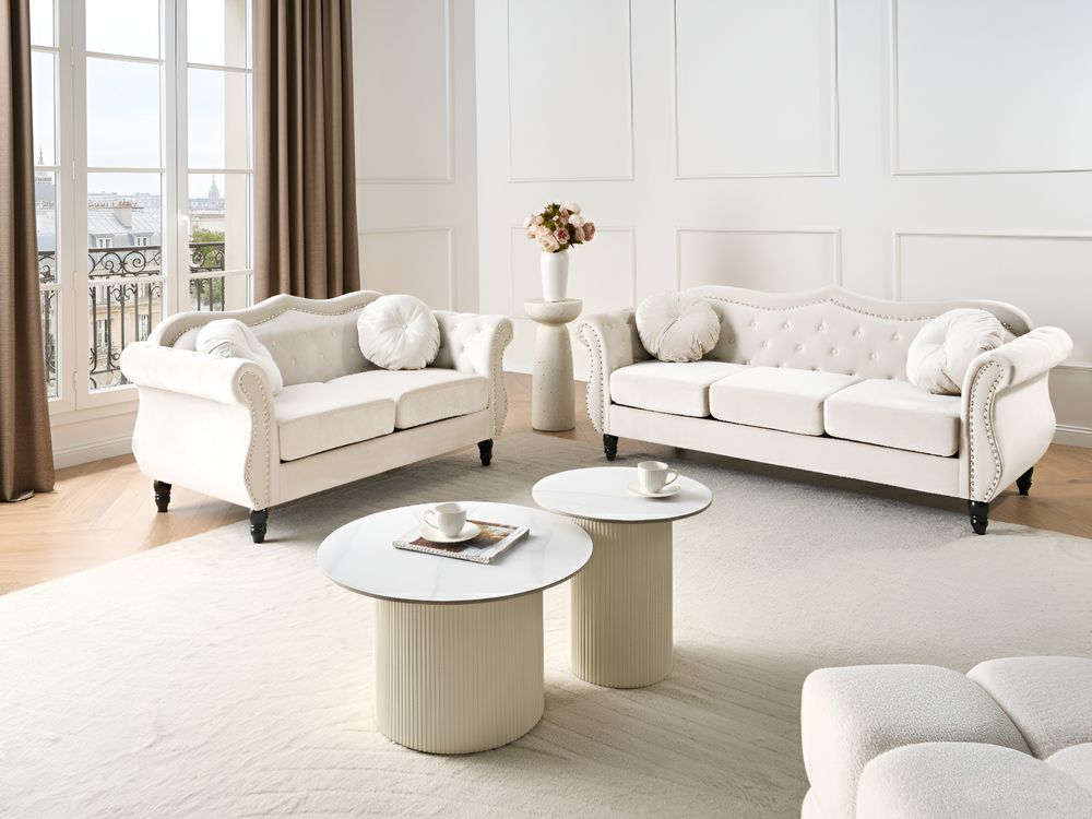 Set da soggiorno Velluto beige 2 posti 3 posti Button Cuscini trapuntati Braccia arrotolate Glam