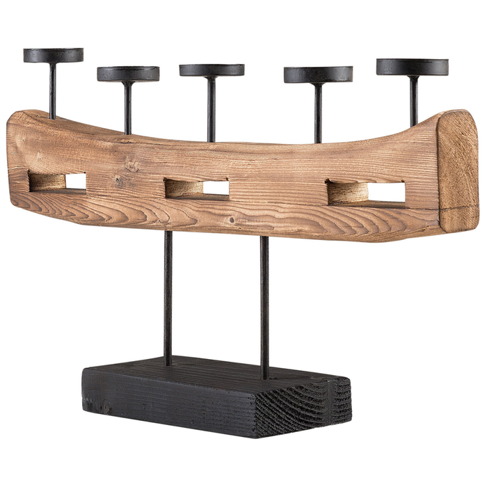 Portacandele in legno di pino ed elementi in metallo moderno