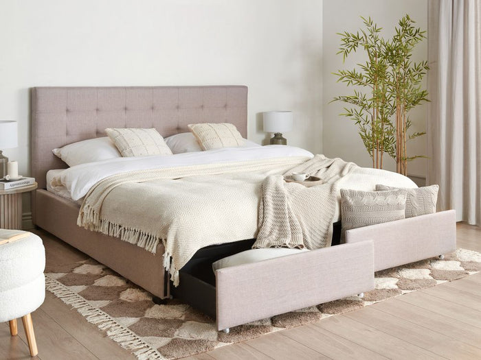 Letto contenitore matrimoniale imbottito grigio chiaro con rete a doghe e cassetti 180 x 200 cm