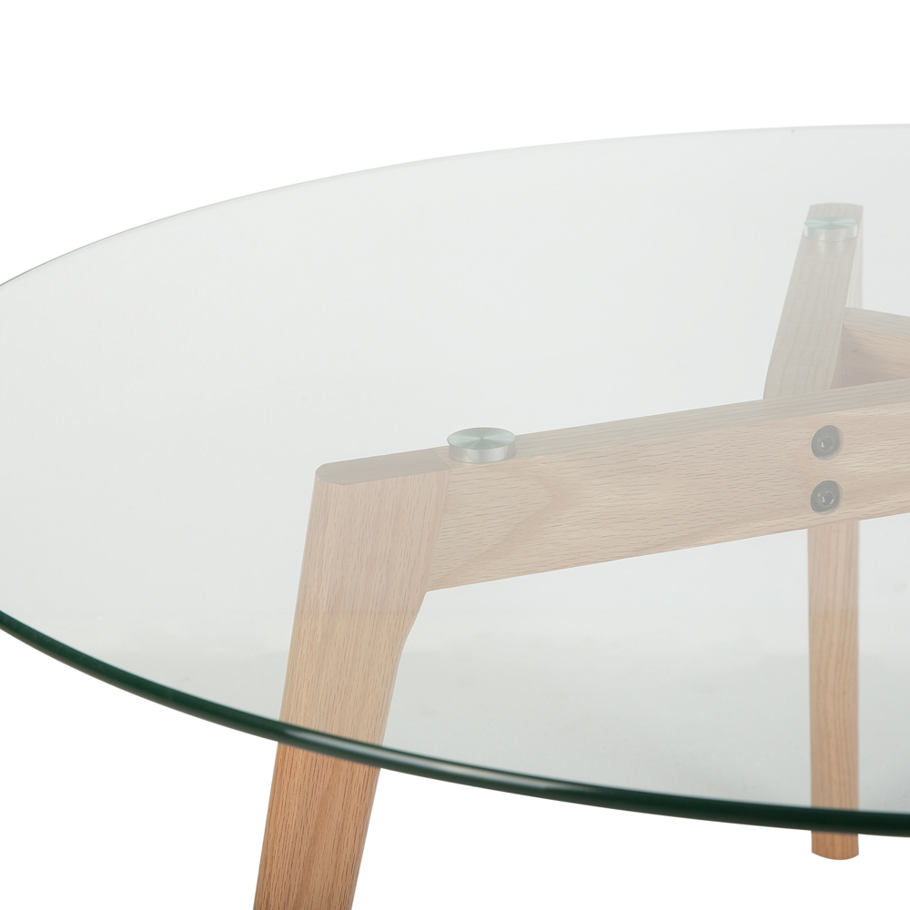 Tavolino Tondo Trasparente Piano In Vetro 3 Gambe In Legno Chiaro Minimalista Scandinavo