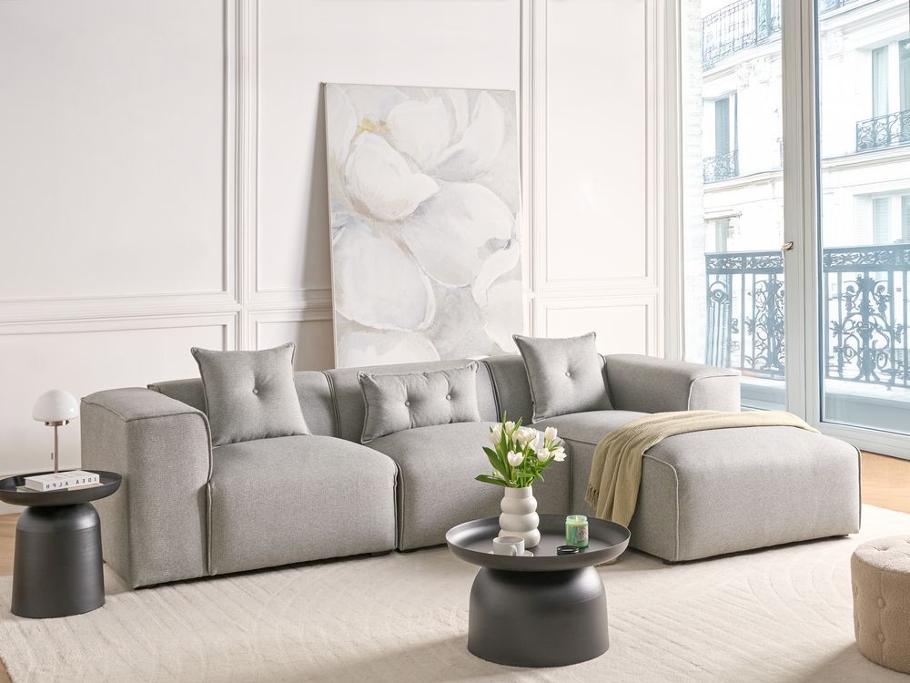Divano Angolare Grigio Chiaro 3 Posti Cuscini Extra Dispersi Moderno lato sinistro