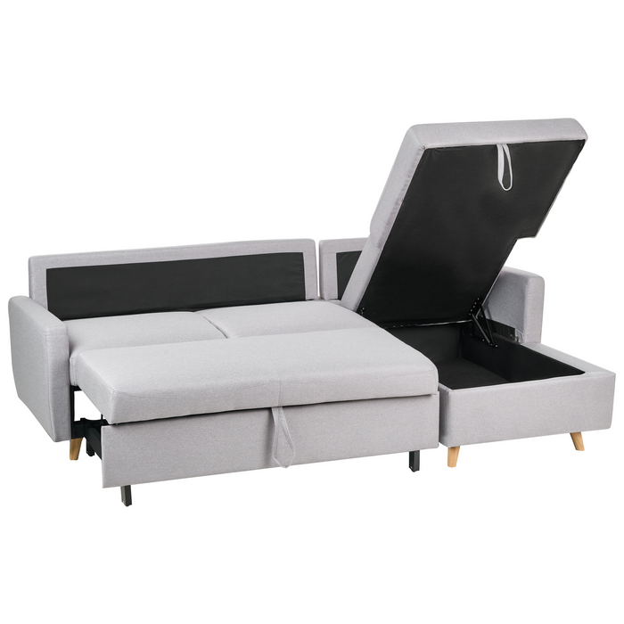 Divano letto angolare in tessuto grigio chiaro 4 posti contenitore a forma di L Orientamento a versione sinistra