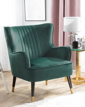Sedia Wingback Velluto Verde Smeraldo Gambe Nere Rivestite Con Schienale A Canale Design