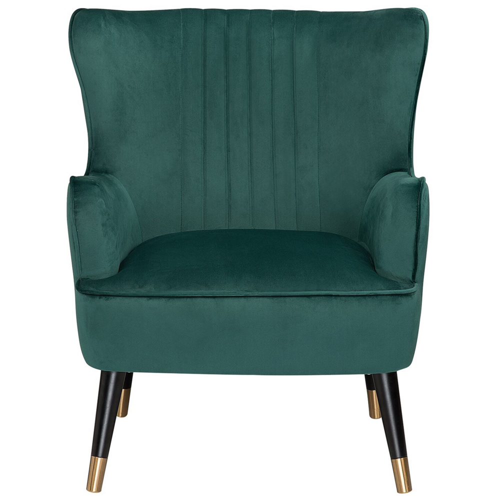 Sedia Wingback Velluto Verde Smeraldo Gambe Nere Rivestite Con Schienale A Canale Design