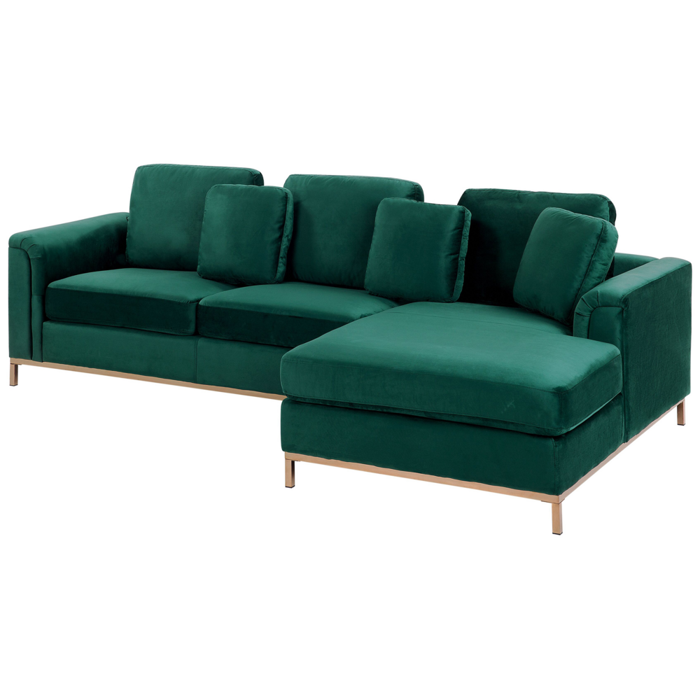 Divano ad angolo rivestito in velluto verde a forma di L con orientamento a versione sinistra