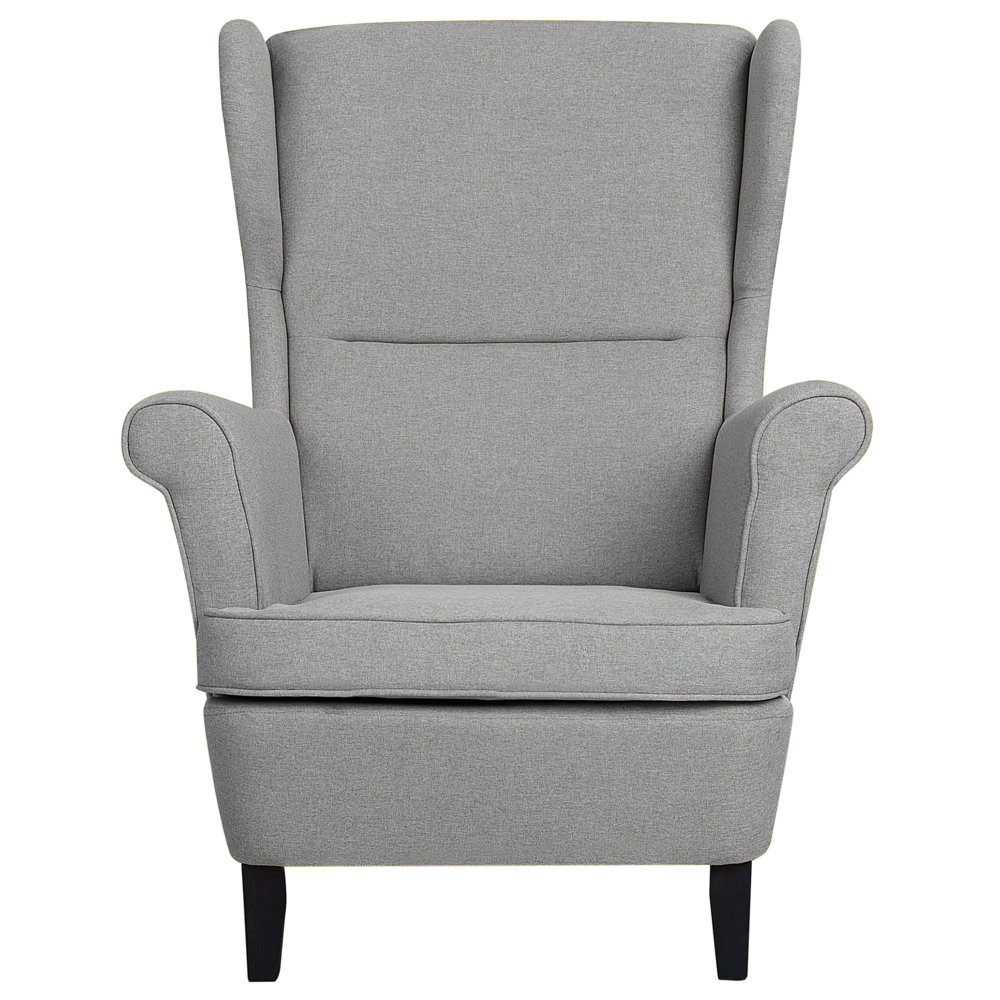 Poltrona Wingback Poltrona Grigio Tessuto Imbottito Con Braccioli Arrotolati Retro