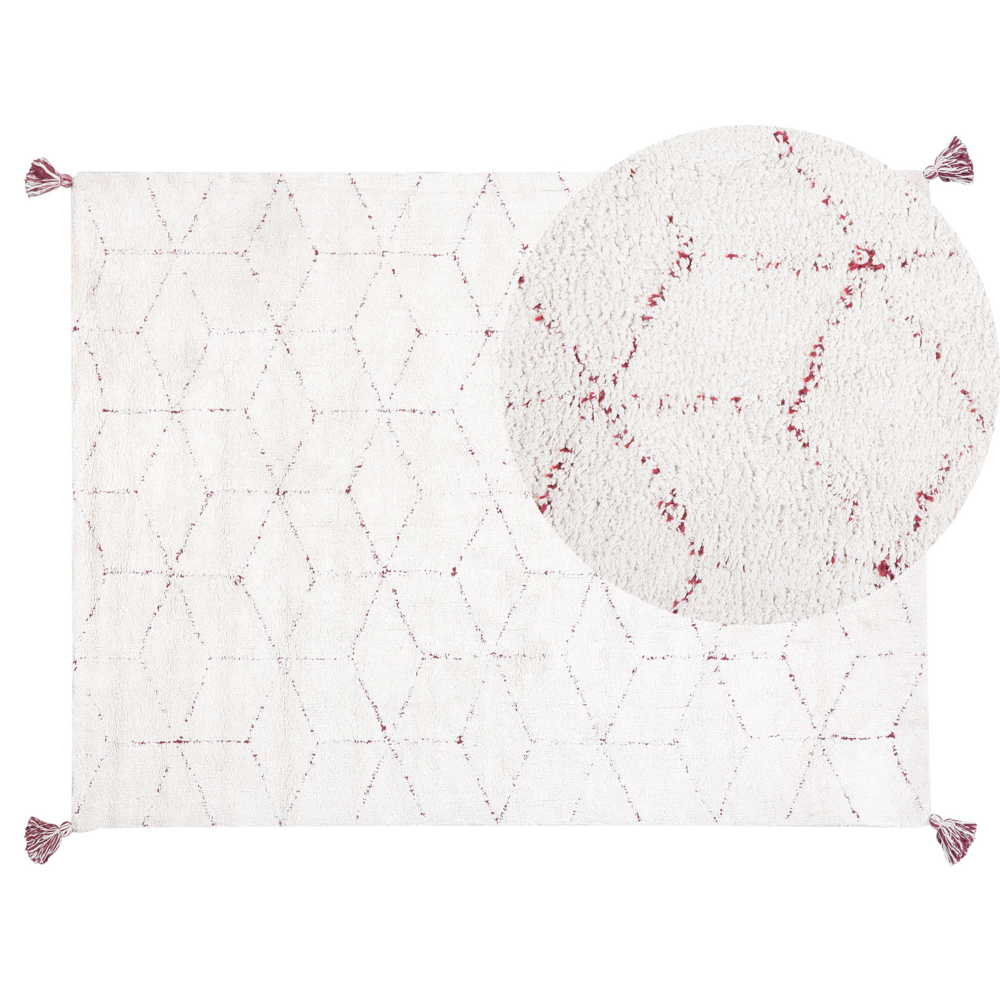 Tappeto orientale moderno con nappe 140 x 200 cm bianco con motivo geometrico rosso